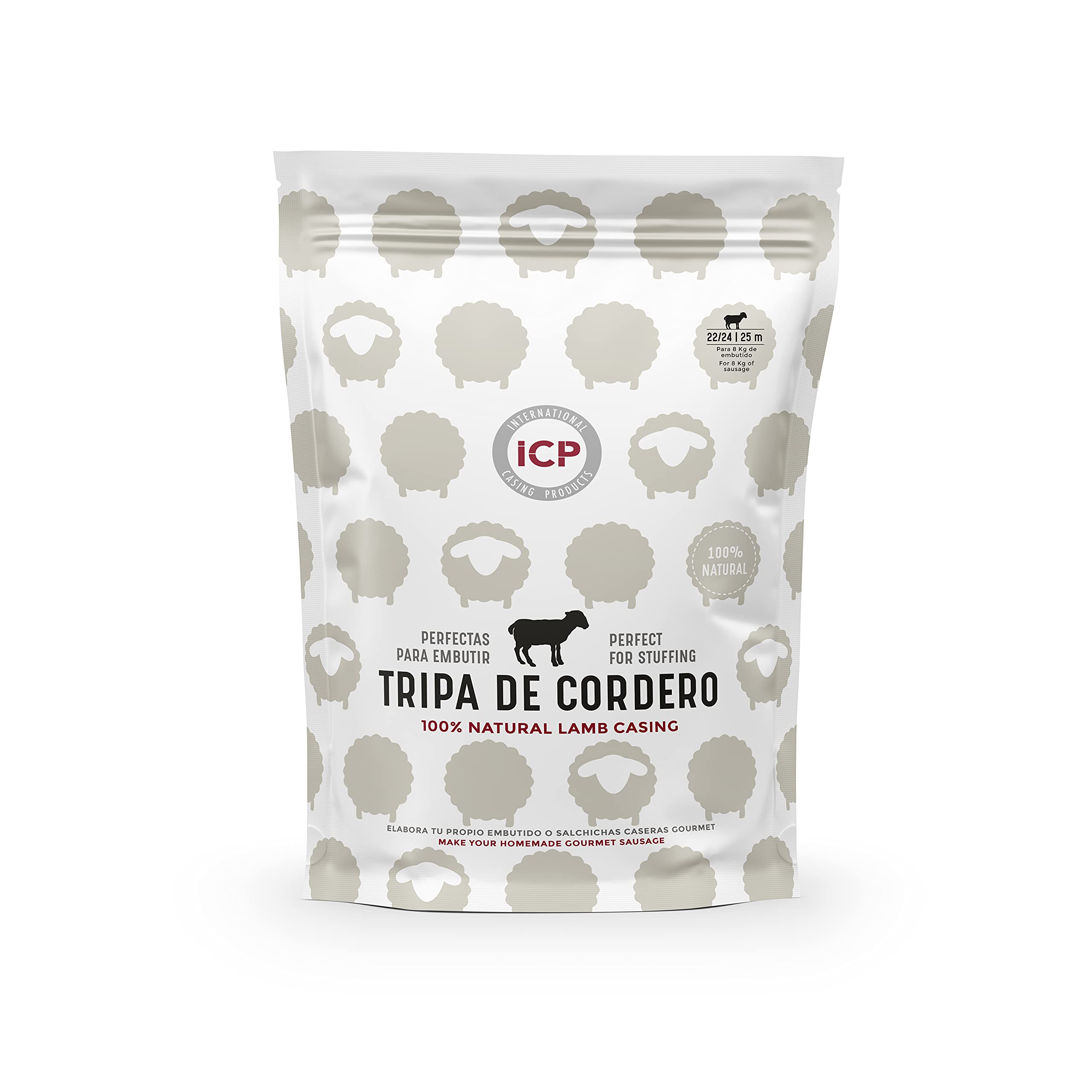 Tripa Natural de Cordero para Embutidos Caseros 25 m - Calibre 22/24 - Estuche con Cierre Hermético - Ideal para Chistorra, Frankfurt, Salchichas Blanca y Roja, longaniza fresca y de Pascua - ICP