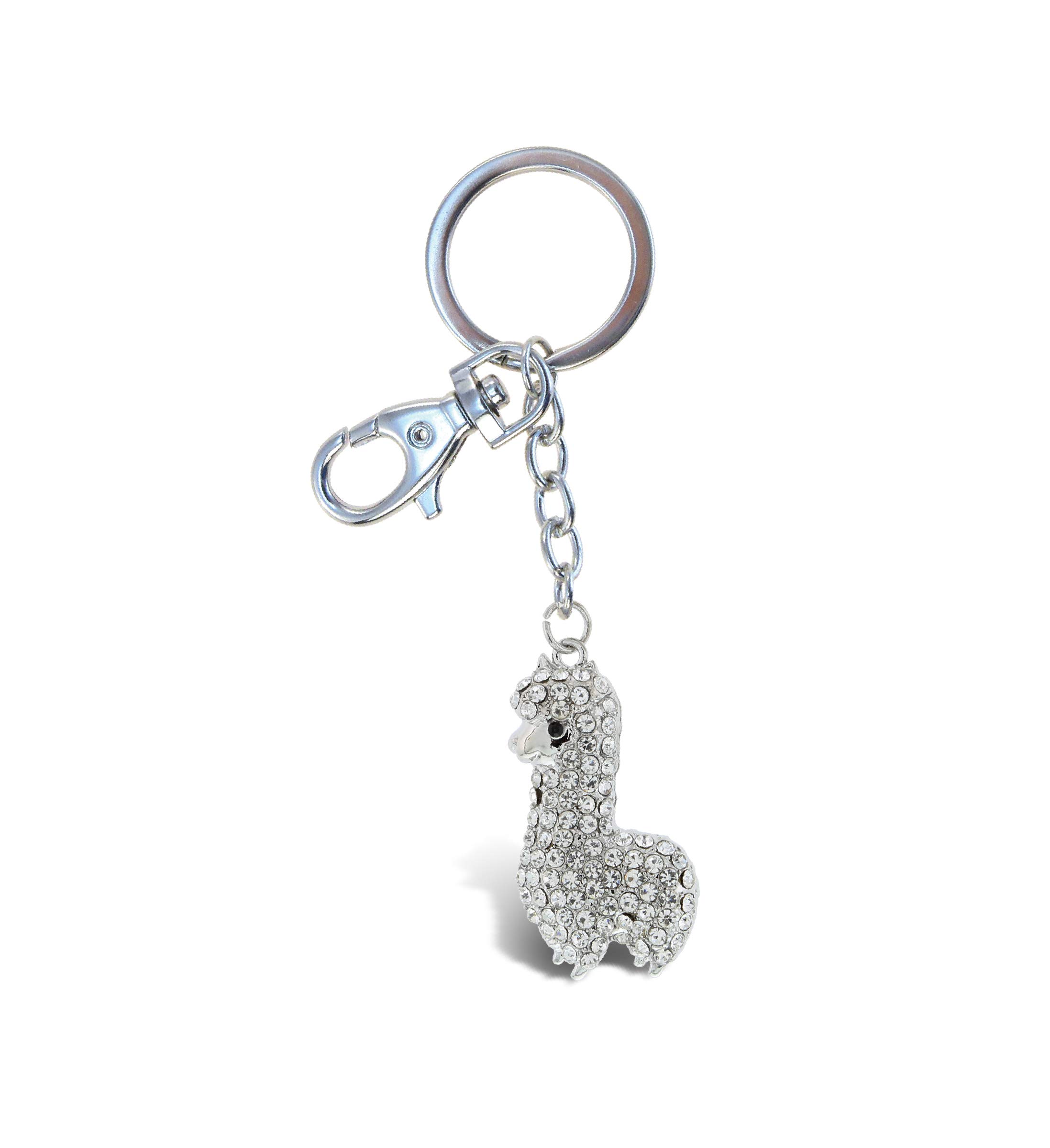 Aqua79 Llama Keychain - Silver 3D Sparkling Charm Rhinestones Fashionable Stylish Metal Alloy Durable Key Ring Bling Crystal Jewelry Accessory With