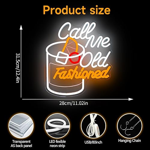 Miniatura 3 de Letrero de neón con texto en inglés Call Me Old Fashioned para decoración de pared, regulable, bar, bar, cóctel, luz de neón para hombres, papá,