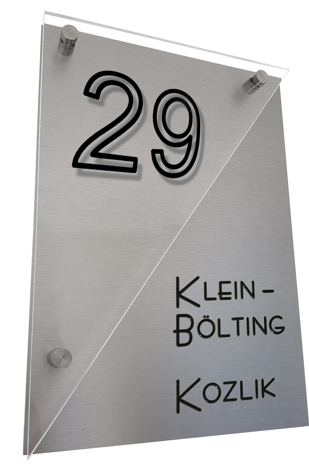 Namensschild/Türschild A12b mit Hausnummer + CNC Tiefengravur Gravur des Nachnamens incl. 3er Set aufschraubbare V2A Zierkappen. Größe 180 x 250 mm