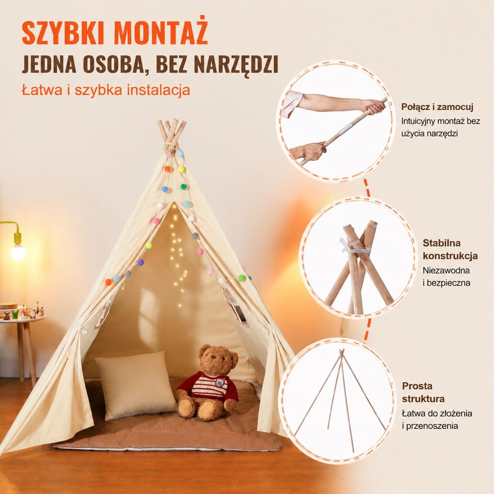 Beżowy namiot tipi do zabawy z matą, pluszowymi piłkami, tkaniną brzoskwiniową, drewnianymi drążkami, stożkowy kształt, 1 drzwi, 2 okna, do wnętrz i na zewnątrz