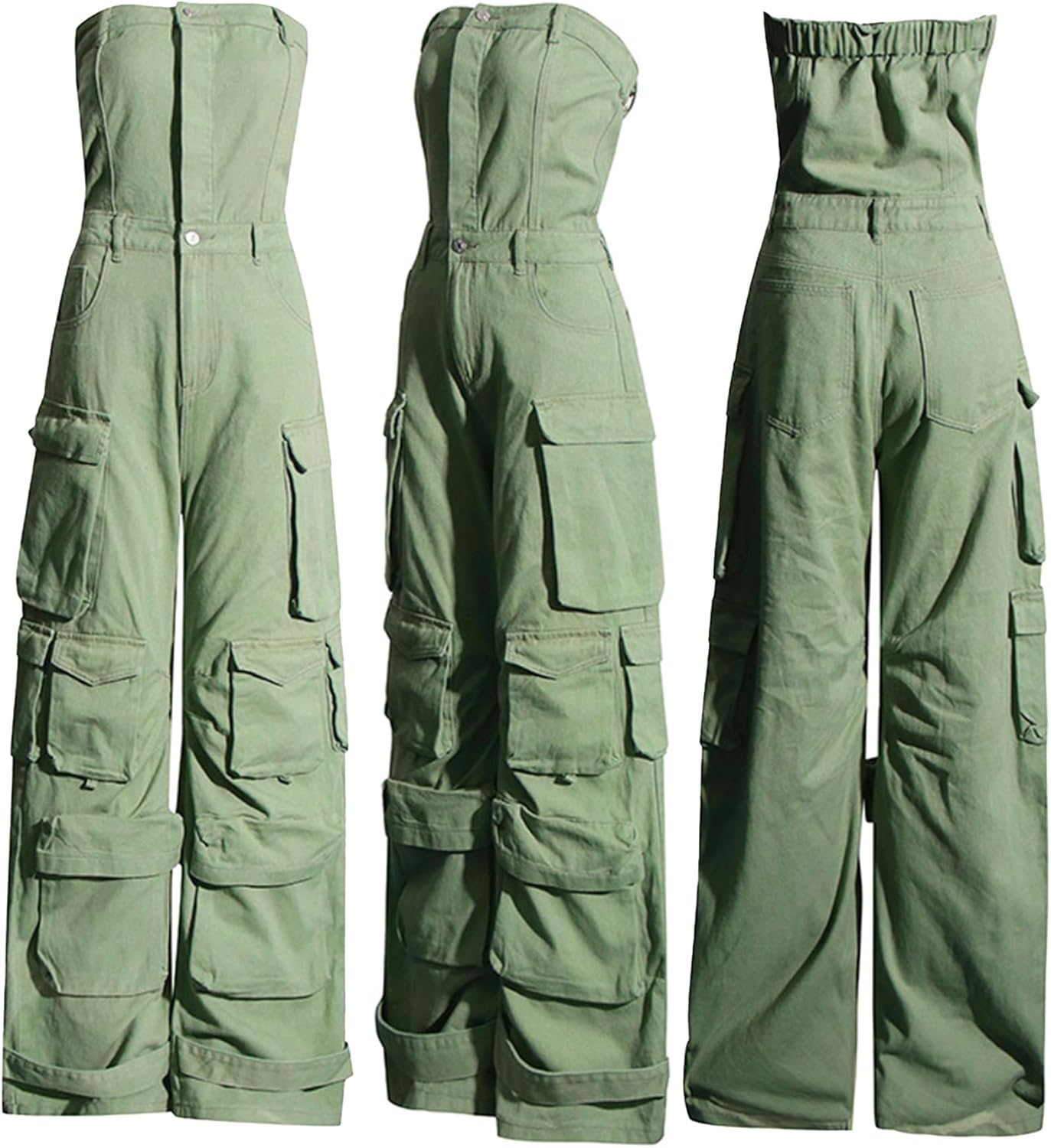 Ecirod Women Denim Strapless Jumpsuit Sexy High Waisted Cargo Pants Tube Top One Piece Jean Romper - Image 5