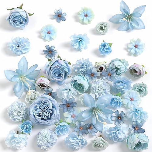 Cabezas de flores artificiales para manualidades - Rosas de seda azul artificial, peonías, margaritas y cabezas florales mini a granel (paquete de