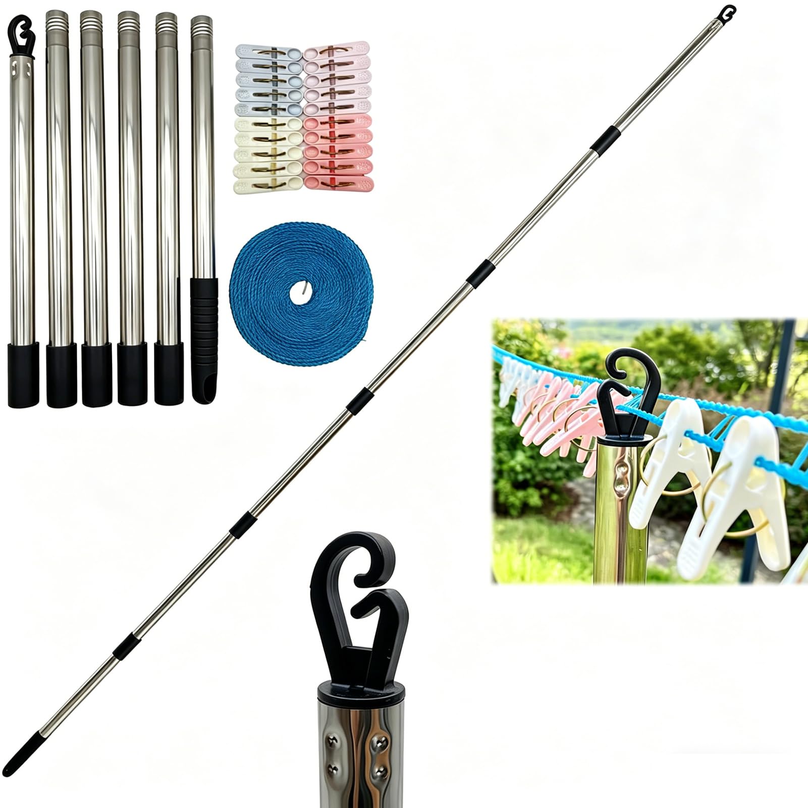 Washing Line Pole Telescopic, 2.2M Stainless Steel Clothes Line Prop Outdoor Laundry Line Set Portable Washing Pole with Rope and Clips for Garden Backyard Camping Travel