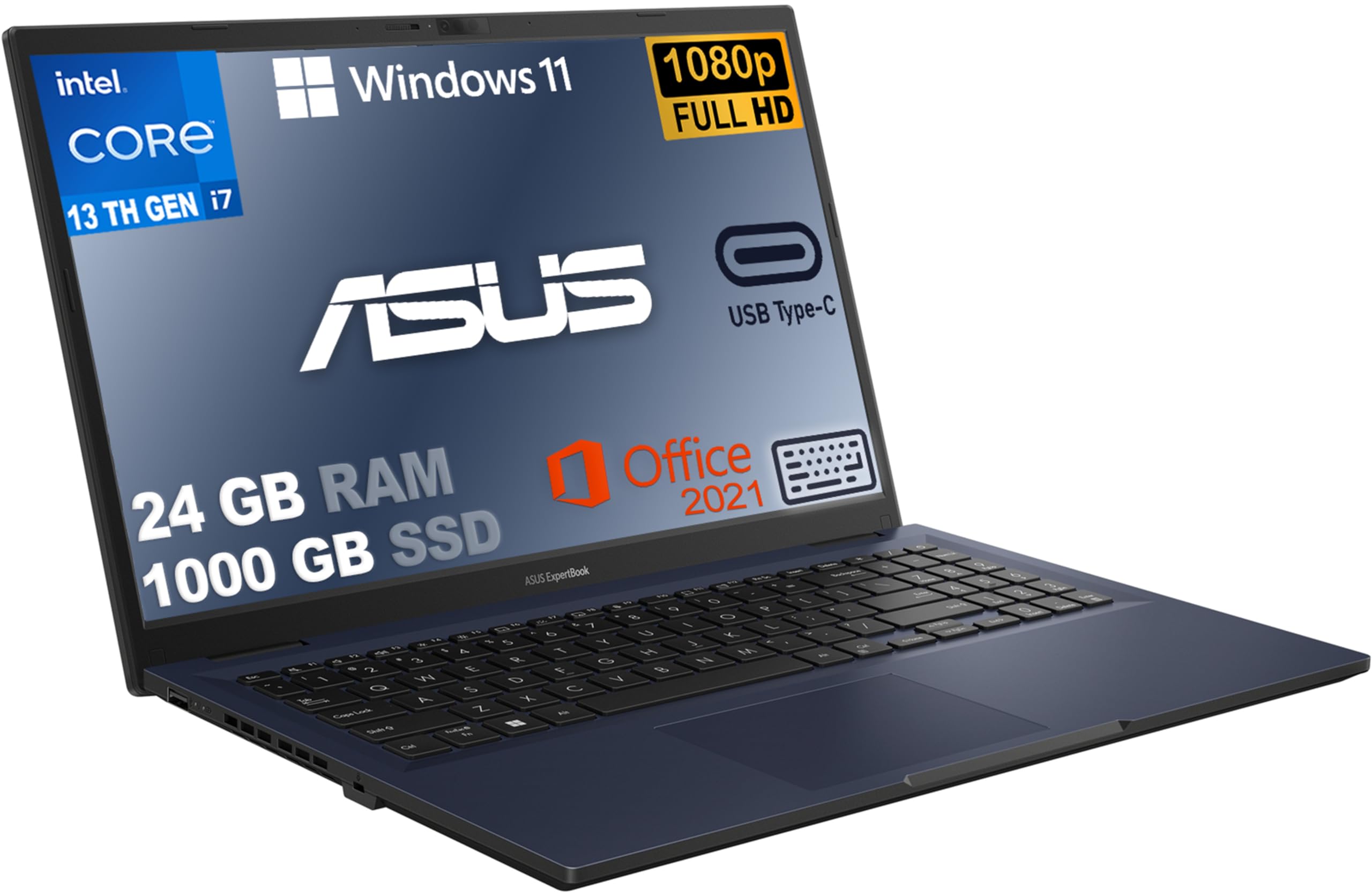 ASUS Notebook i7 Led 15,6" FHD, pc portatile, Cpu Intel i7-1335U 10 Core, Ram 24 Gb, SSD M.2 Nvme 1TB, wi-fi,4 Usb, Bt, Windows 11 Pro, Office 2021,Tastiera Retroilluminata