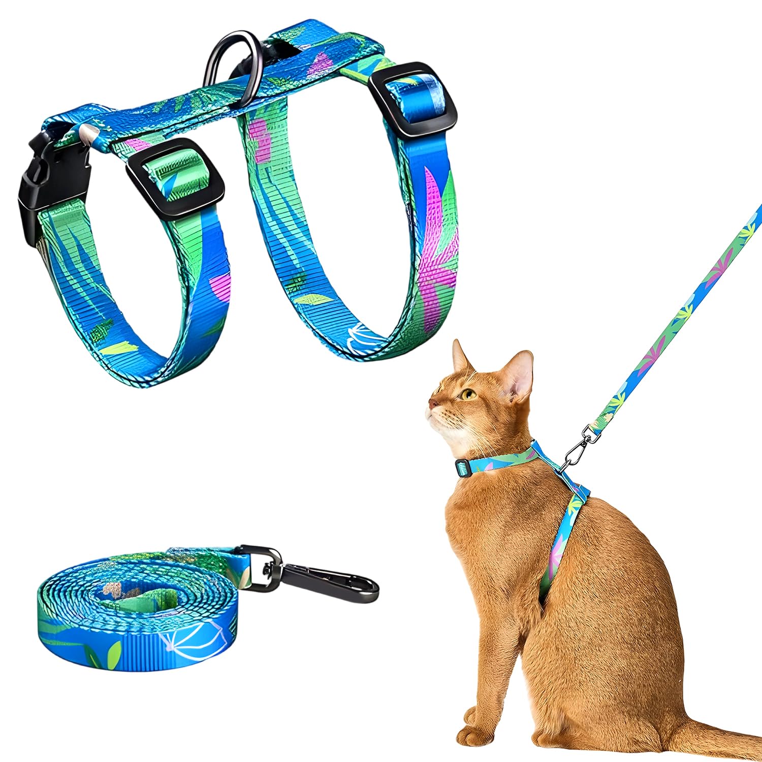 MOTIBACK H-Style Cat Harness and Lead Set, Adjustable & Lightweight Escape-Proof Kitten Harness for Small to Large Cats, Comfortable for Outdoor Walking, Hawaiian Green