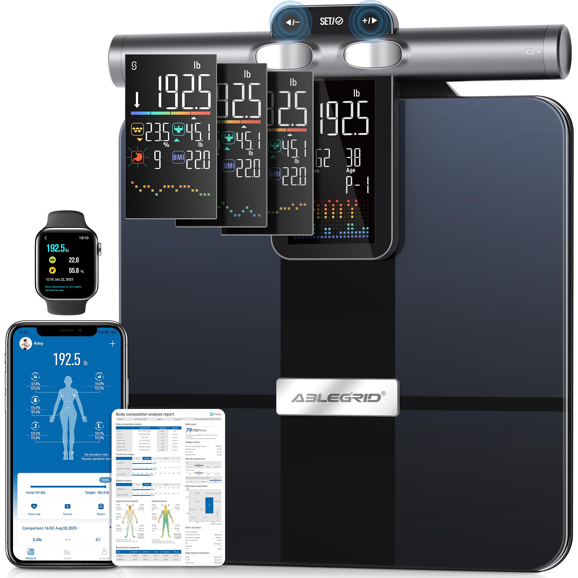 ABLEGRID Digital Bathroom Scale for Body Weight 8-Electrode Full Body Analyzer Smart Body Fat Scale with Gradient Trends