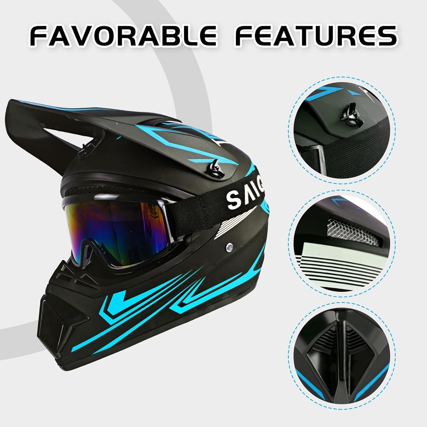 Casque VTT pour Jeunes, Homologué Dot, pour Enfants, Motocross, BMX, Tout-Terrain, Kart, avec Lunettes, Gants, Masque