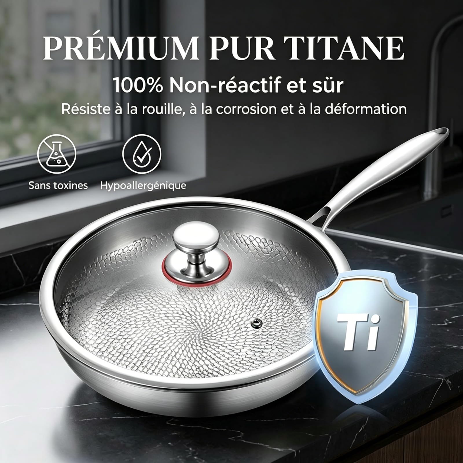 Poele Titanex,2026 Neu PoêLe Titane Pur Avec couvercle, 26/28/30 AntiadhéSive, Compatible Induction & Tous Feux, Surface MarteléE RéSistante Aux Rayures，30cm