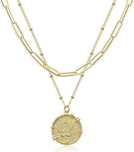 LOYATA Layered Choker Necklace Gold Star Initial Coin Pendant 2 Layer Diamond Cu