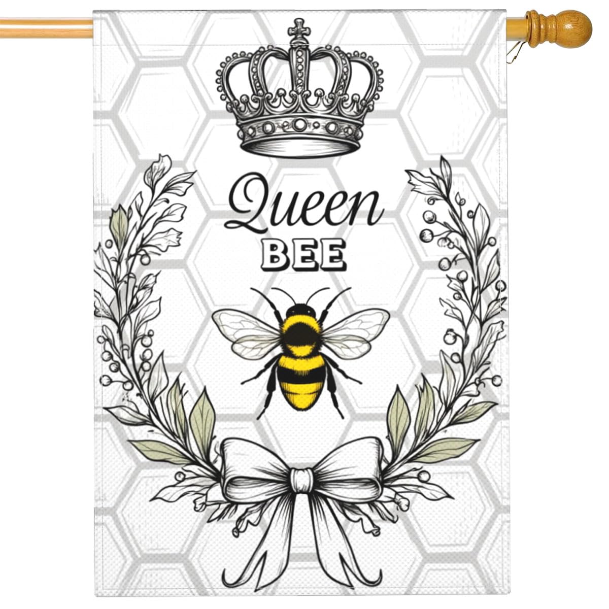 Mugod Queen Bee Burlap House Flag 28x40 Inch Vertical Double Sided, Bee Crown Honeycomb Vintage Large Flag for Farmhouse Outdoor Decorations