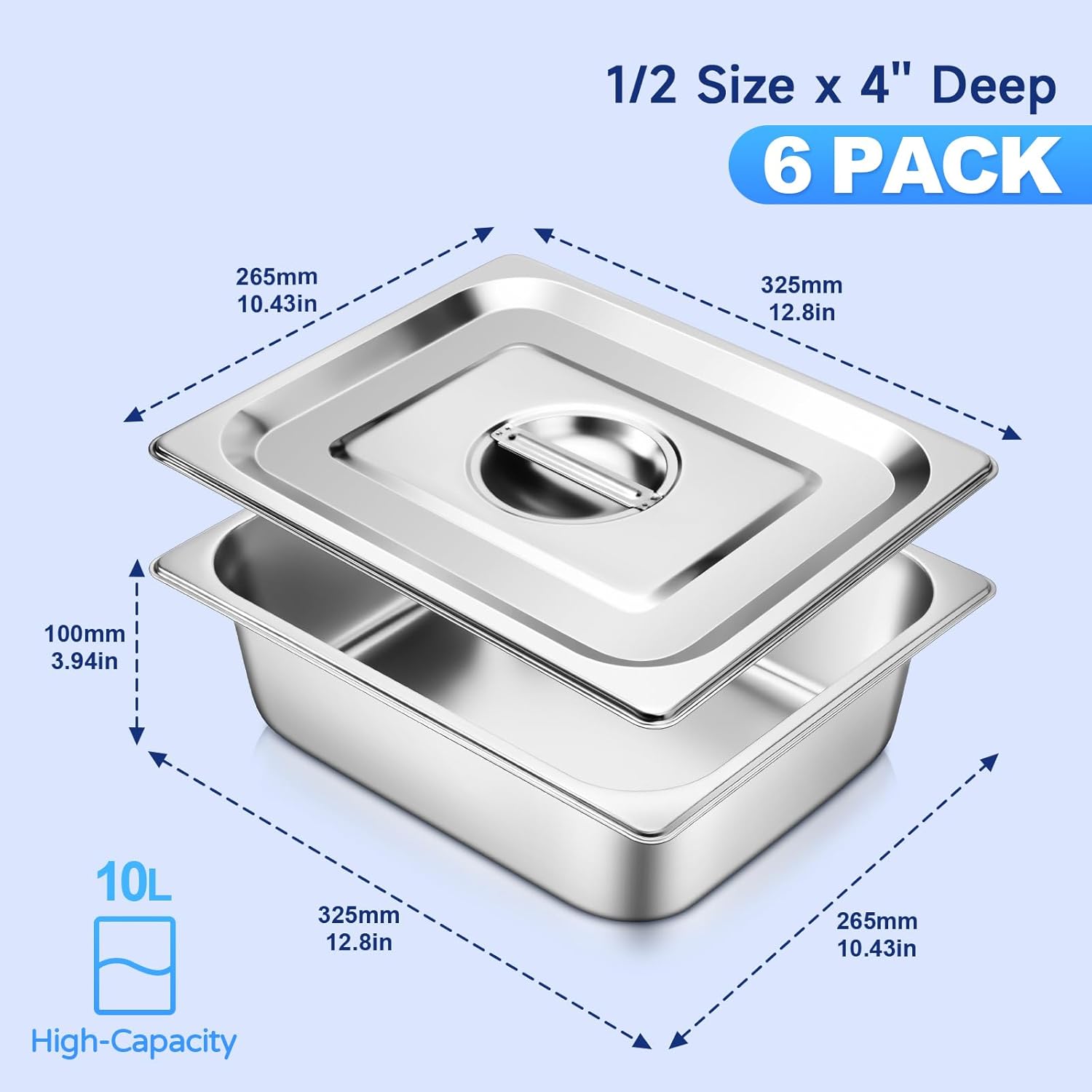 Hotel Pan With Lids 1/2 Size 4 Inch Deep Stainless Steel Chafing Dishes for Buffet, Steam Table Pan, Metal Commercial Food Pans for Food Prep/Catering/Food Serving (6 Pack, Half Size 1/2 x 4" Deep) - Image 2