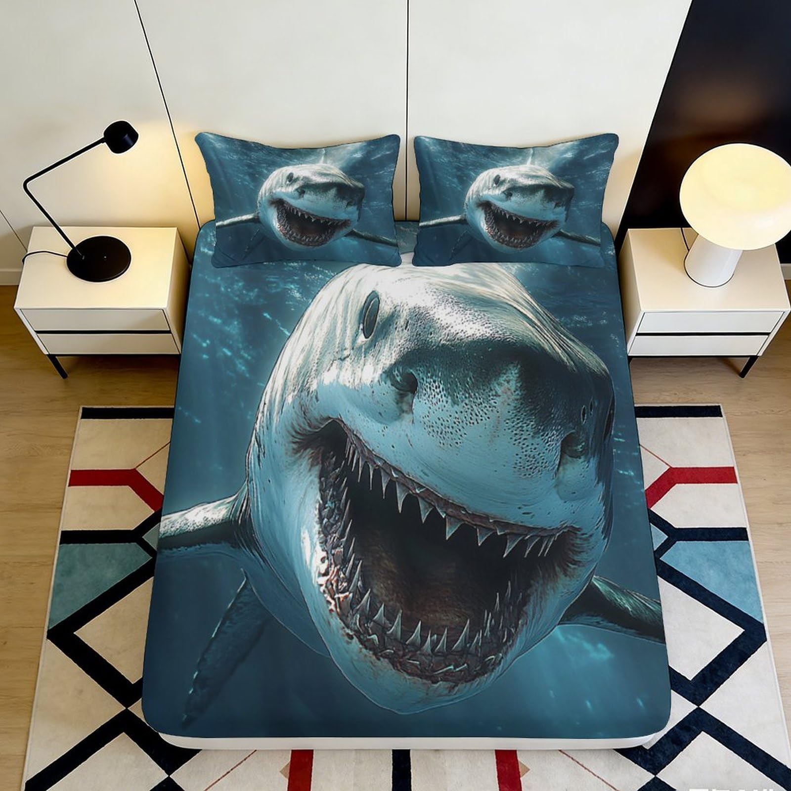3D Printed Shark Ocean Fitted Sheet Microfiber Soft Breathable Underwater Mattress Cover for Bedroom Dorm Decor 90x200x25cm