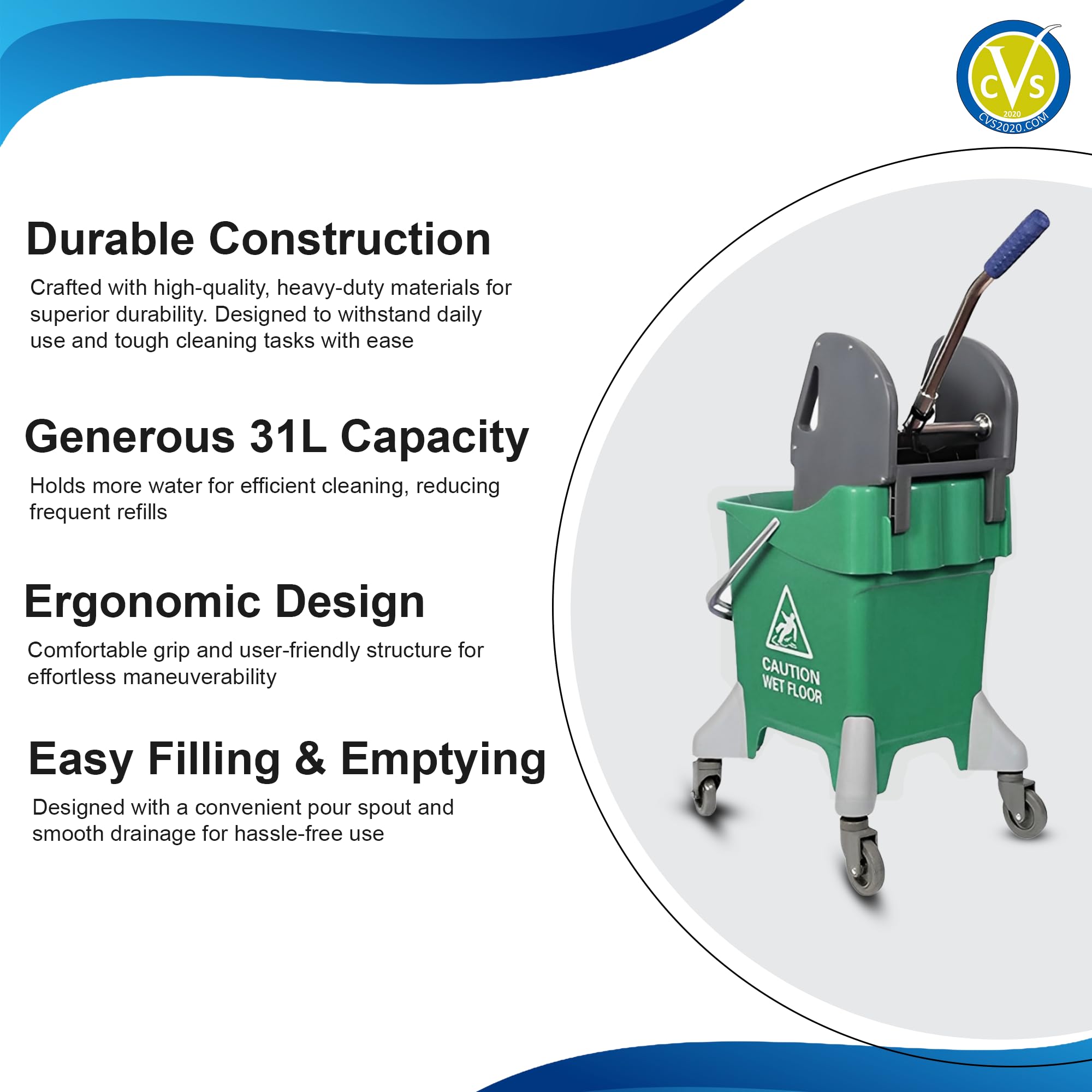 Secchio per mocio commerciale con strizzatore, 31 litri, secchio per mocio kentucky con design ergonomico, sistema di pulizia efficiente, facile da riempire e svuotare, carrello di pulizia