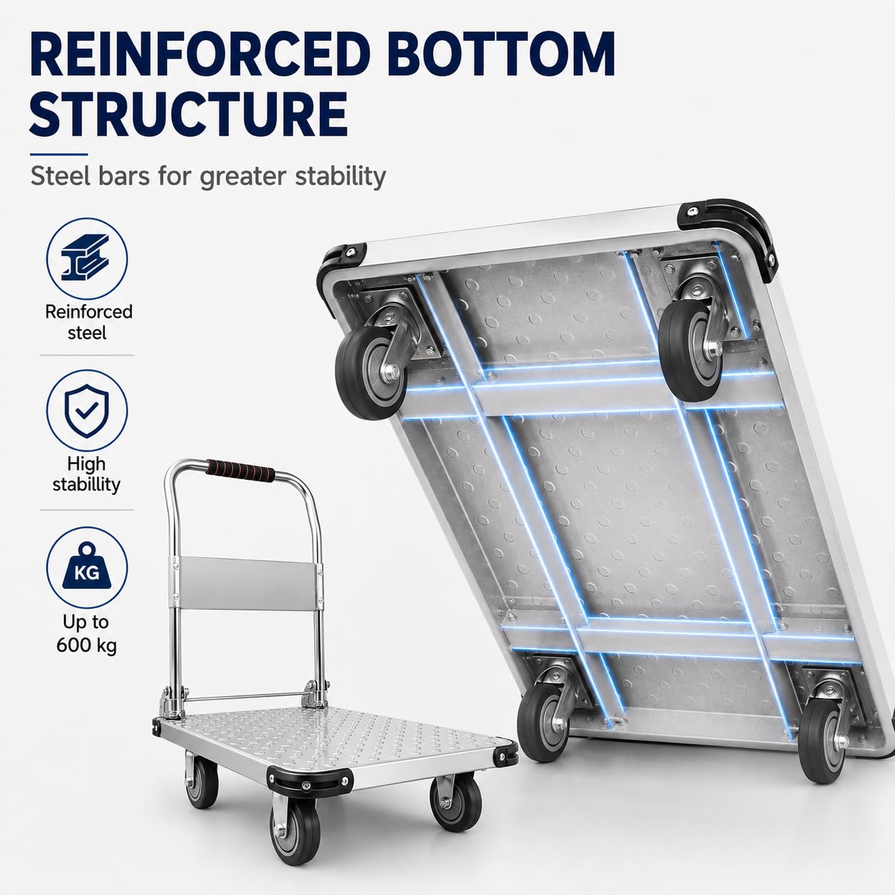 MAGIC SELECT Carro Plataforma Plegable 600 kg 90 x 60 cm | Ruedas 360º, Plataforma Antideslizante, Asa Plegable Ergonómica, Cuerda Elástica y Kit de Montaje