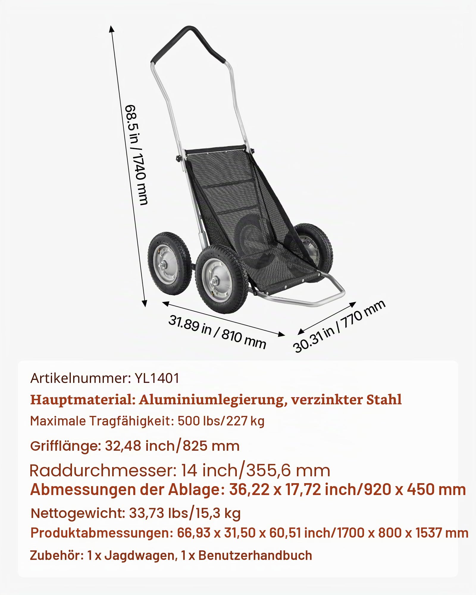 VEVOR Transportkarre Wildkarren 227 kg, Hochleistungs-Transportwagen, geländegängiger, zusammenklappbarer Wildtransportwagen mit stoßdämpfenden Reifen, Transportwagen für die Jagd Angeln Wandern