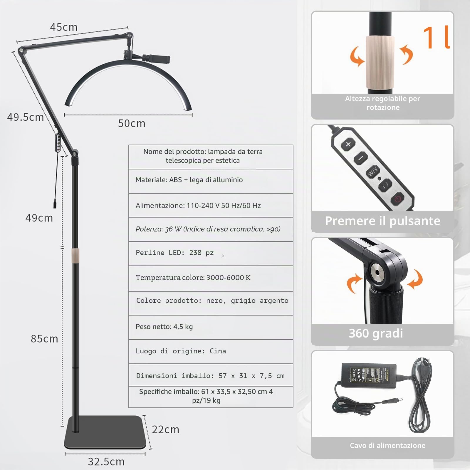 Lampada a mezza luna a LED, lampada da 36 W, lampada per ciglia con testa regolabile a 360 gradi, 3000 K-6000 K, per tatuatori, studi di bellezza.