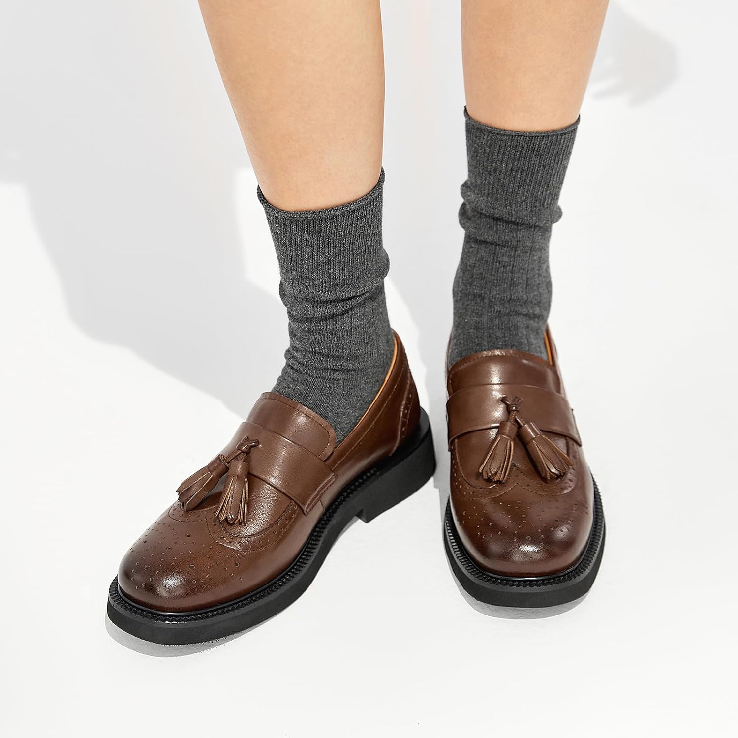 BEAU TODAY Tassel Loafers for Women, Genuine Leather Loafers, Brogue Wingtips Dress Shoes for Women, Breathable Slip-on Dress Flat Shoes for Business Work Casual - Image 2