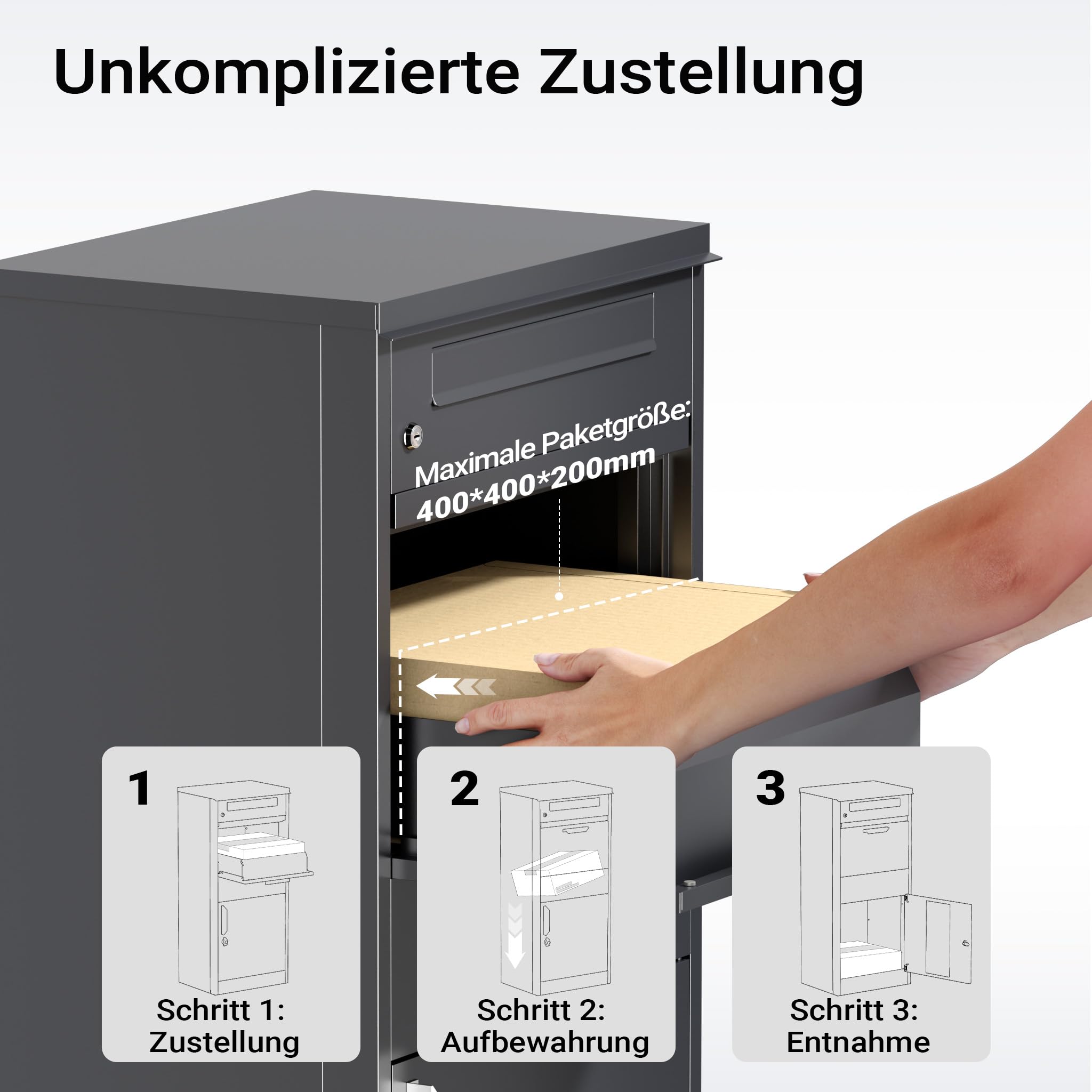 Paketkasten Anthrazit 500 x 370 x 1120 mm, Paketbox Zuhause, Private Paketannahme passend für Pakete und Päckchen, Standbriefkasten Stahl