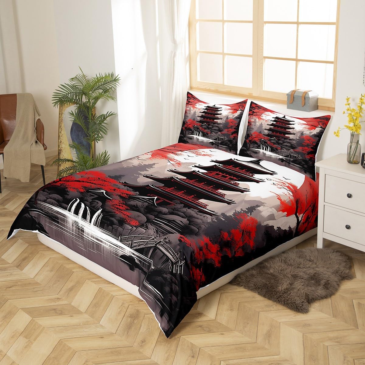 Red Flower Maple Leaves Duvet Cover Queen for Kids Boys,Lake Scenery Building Bedding Set with Zipper Closure Quilt Cover,Chinese Style Tower Comforter Cover 3 Pcs,Ultra Soft(No Filler)