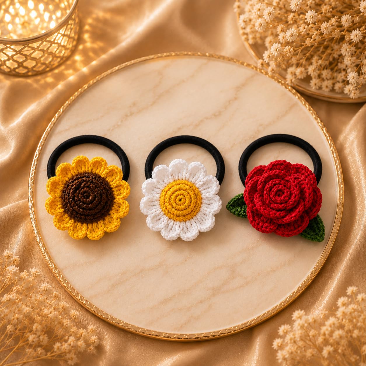Handmade Crochet Flower Hair Tie Combo for Women & Girls | Sunflower, Daisy & Rose Hair Bands | Aesthetic Floral Rubber Bands Ponytail Holder Hair Accessories-image-5