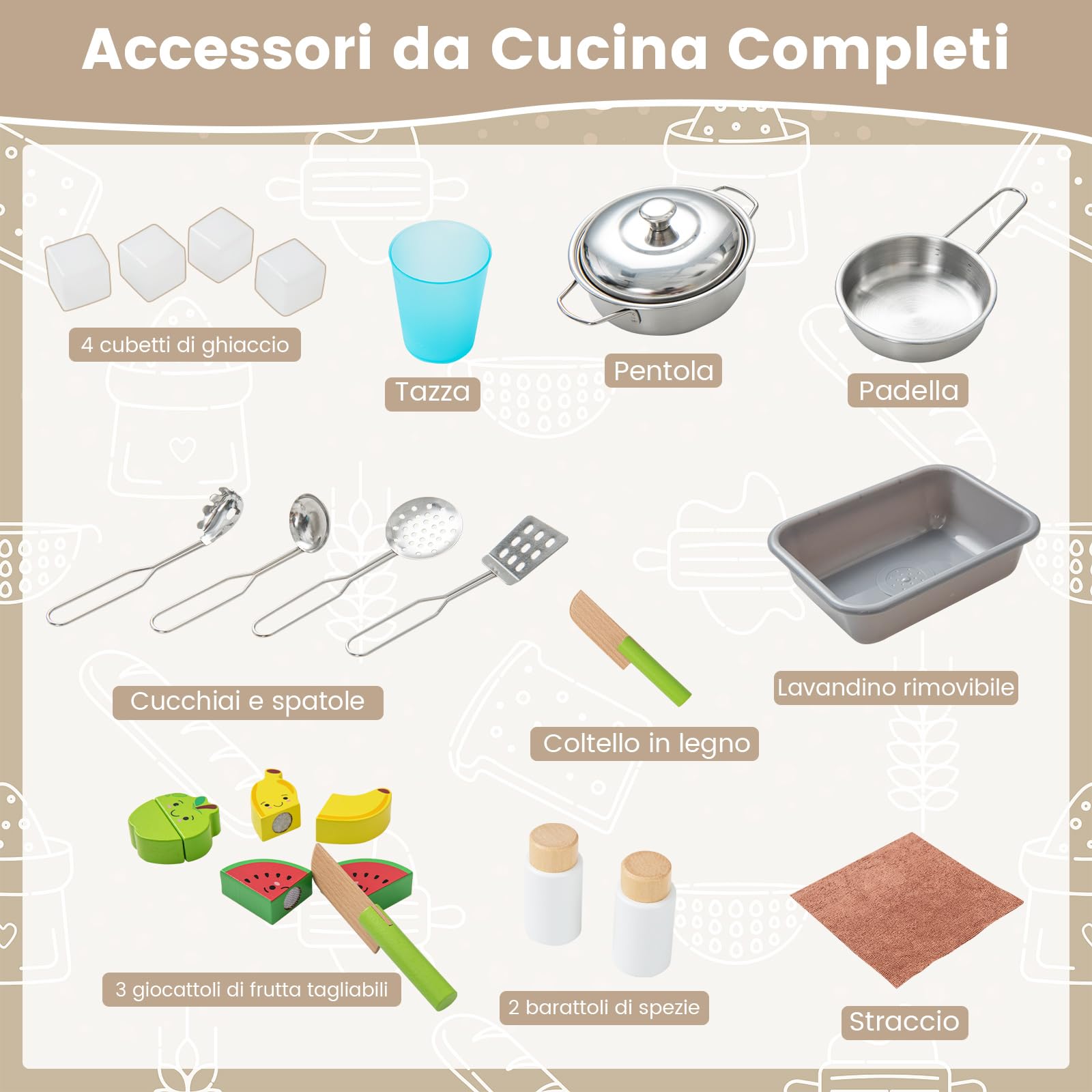 RELAX4LIFE Cucina Giocattolo per Bambini, Gioco Cucina in Legno con Microonde, Forno, Rubinetto, Lavello e 18 PCS Accessori, Mini Cucina per Bambini 3 4 5 6 Anni (Bianco)