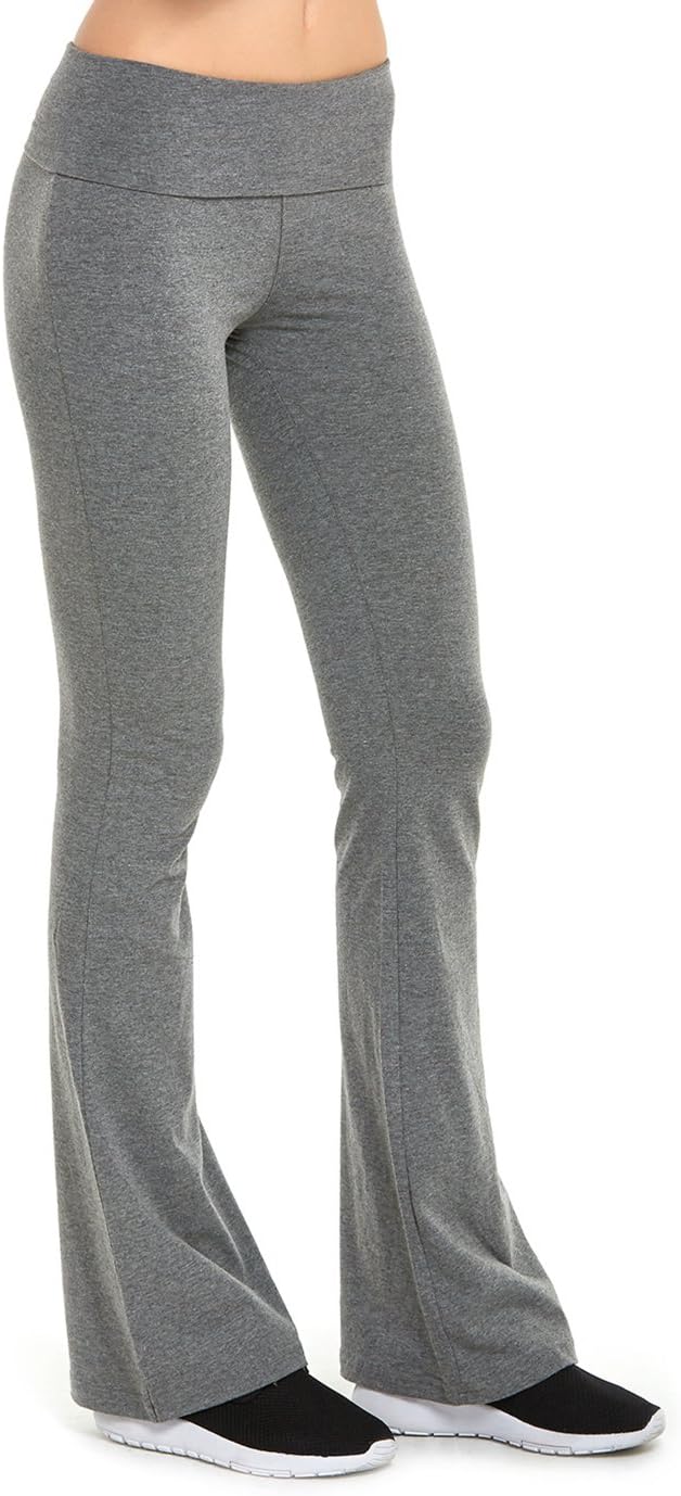 Gilbins Womens Fold-Over Waistband Stretchy Cotton Blend Yoga Pants with A Wide Flare Leg 2 Pack