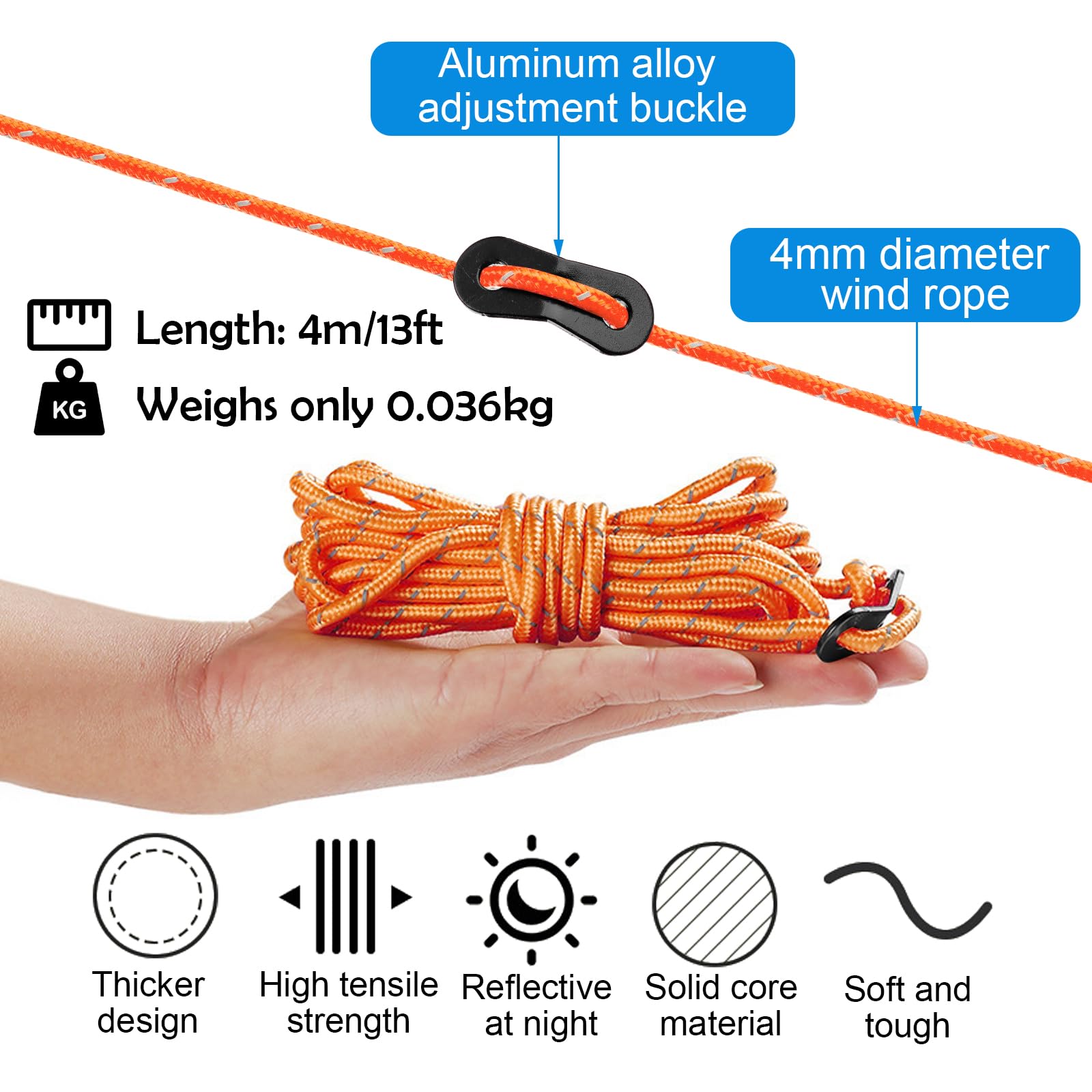 Outdoor Guy Lines, 6 Pack 4mm Reflective Guy Lines, Tent Cord Adjuster Tensioner Camping Ropes for Tent Tarp, Camping, Climbing, Red