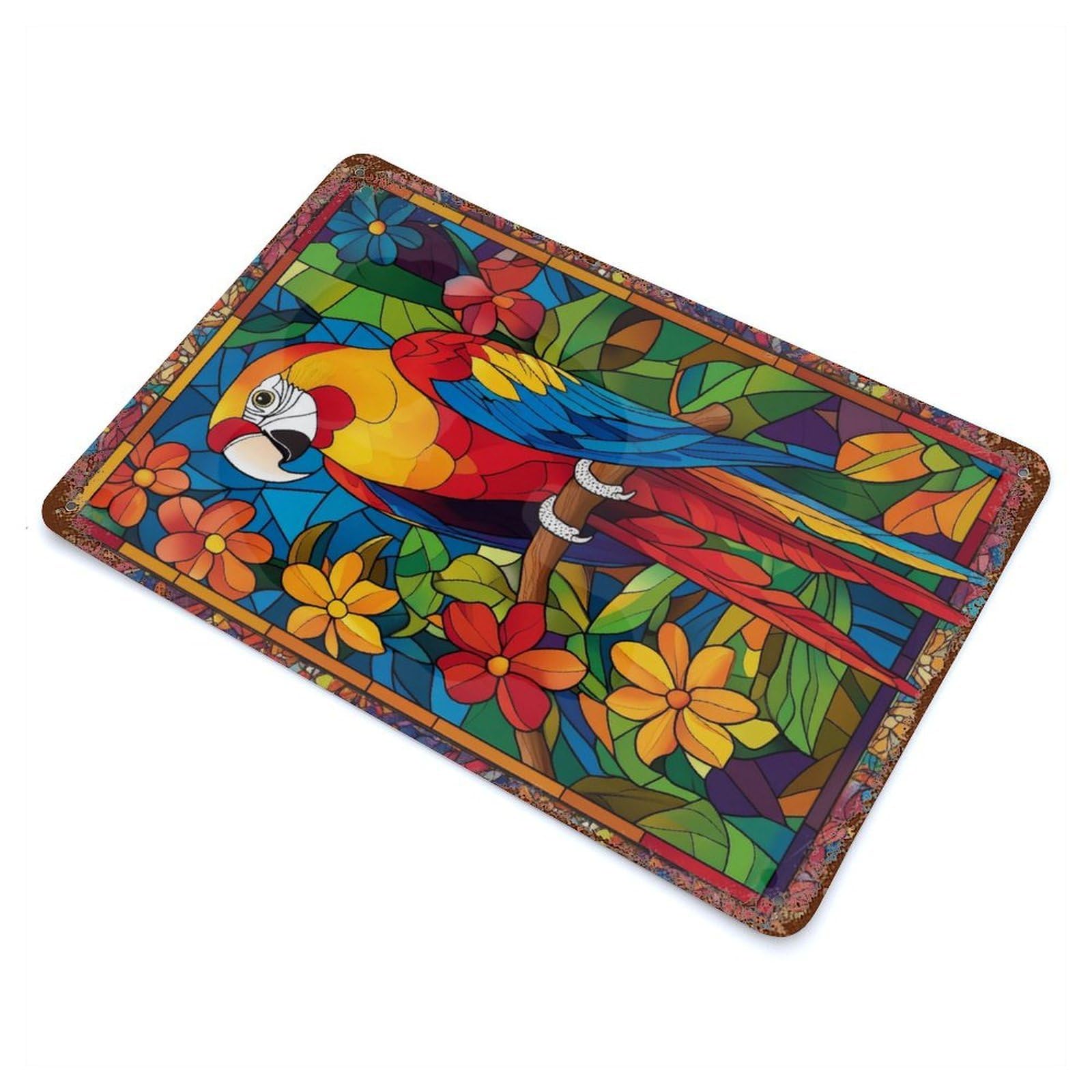 Stained Glass Parrot 11.8"x7.9" Rustic Tin Plaque, Farmhouse Wall Decor for Basement, Hobby Room And Garage Decor