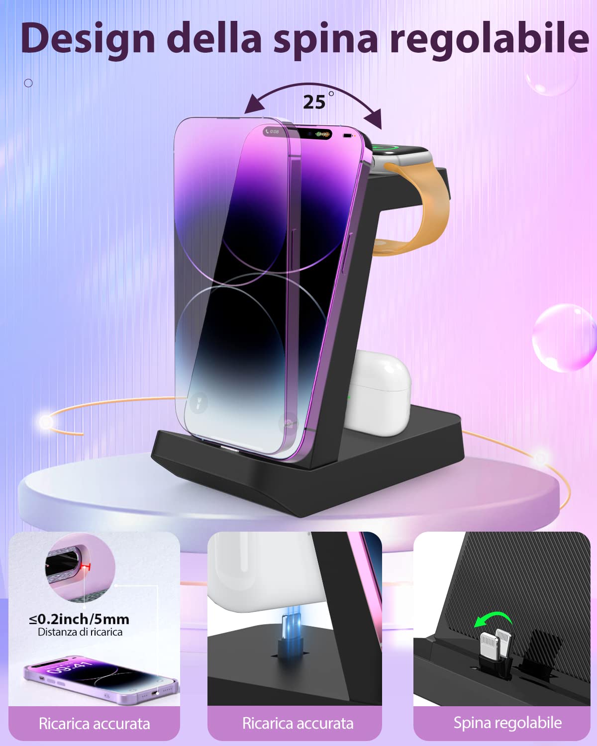 Caricatore iphone 3 in 1 per Apple: Stazione Ricarica per iPhone 14/12/13/11/Pro/Max/XS/XR/X/Mini, Earphones 3/2/1/Pro, Ricarica Wireless per Watch 8/7/6/5/4/3/2/SE (Nero)