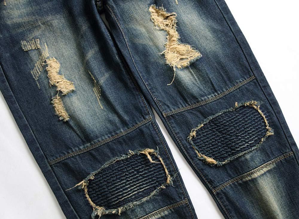 Chowsir Men Vintage Skinny Moto Biker Jeans Stretch Ripped Patch Jeans Straight Denim Pants