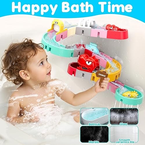 Miniatura 3 de Juguetes de baño de dinosaurio para niños de 1 a 3 4 a 8 años, 43 piezas de pistas de toboganes de agua con 3 dinosaurios para bañera de 2-4, 3-5,