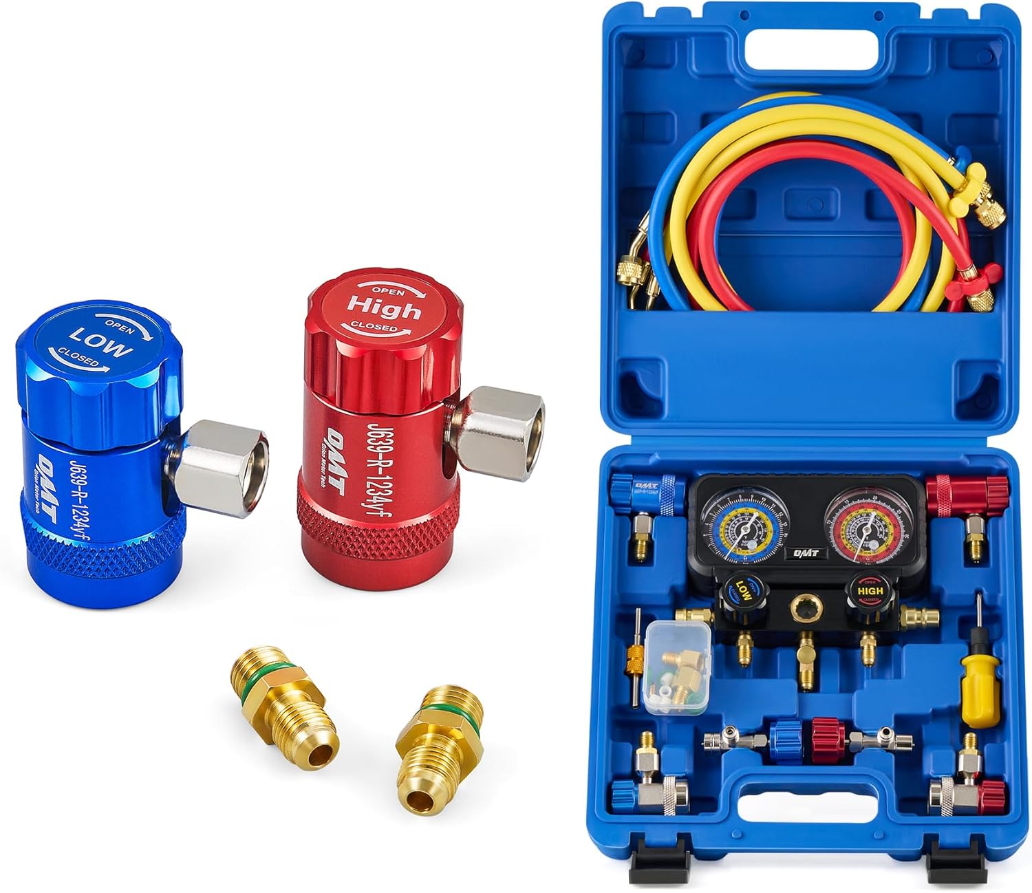Orion Motor Tech Quick Connect R1234yf Adapters & 3 Way AC Diagnostic Manifold Gauge Set for Refrigerant Charging, Bundle