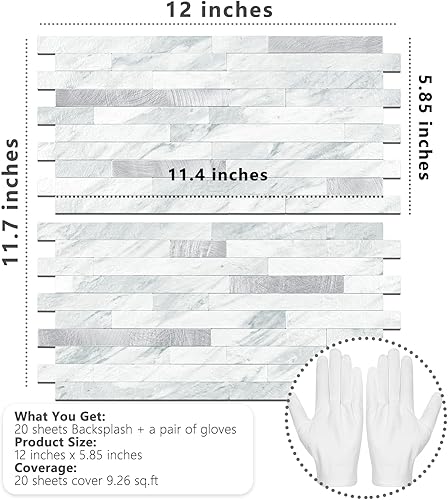 Miniatura 7 de STICKGOO Volakas - Azulejos de pared autoadhesivos para despegar y pegar, 20 hojas para salpicaduras de cocina y baño, aspecto blanco PVC, mezcla de