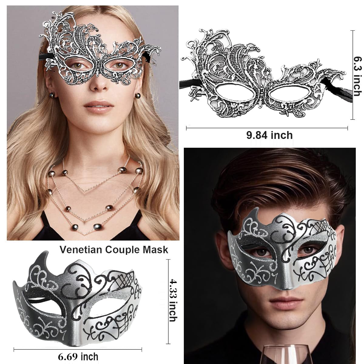 MZinge Masquerade Mask for Couple Men Venetian Mask for Halloween Lace Masque Costume Eyemask Party Prom Ball Mardi Gras (SILVER) - Image 4