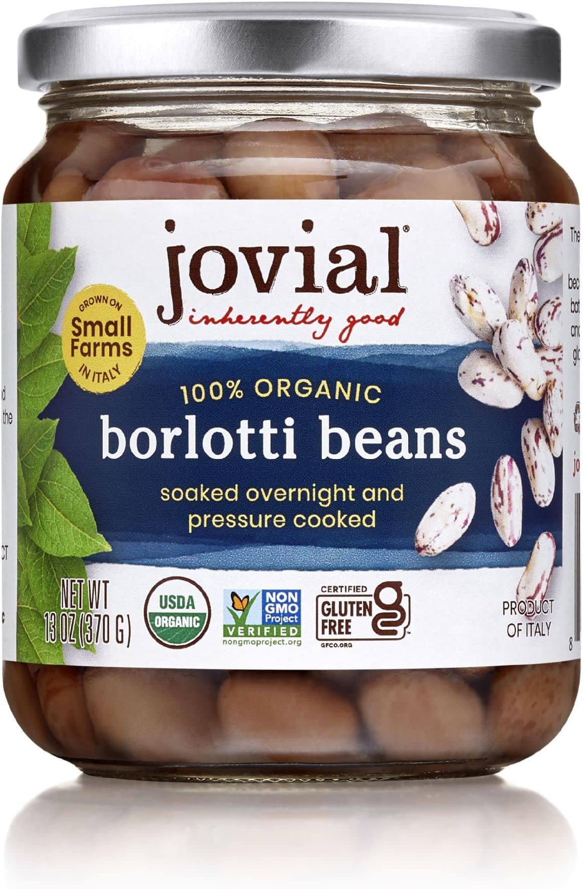 Jovial 100% Organic Borlotti Beans - Borlotti, Organic Borlotti, No Saturated Fat, Gluten Free, Recyclable Glass, Great Source of Fiber, No Additives or Preservatives, Product of Italy - 13 Oz