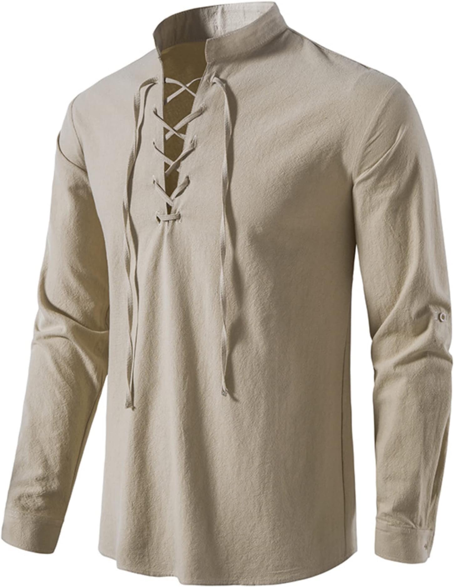 YAOHUOLE Linen Shirt Men Long Sleeve Cotton Classic Lace Up Casual Shirt Scottish Ghillie Shirt for Men
