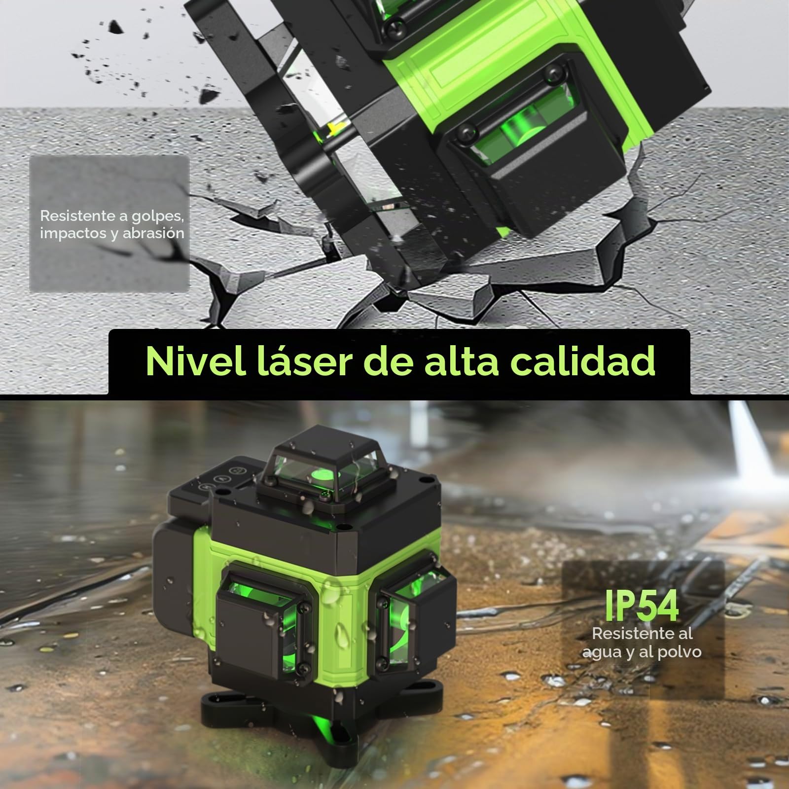 Geevorks Nivel Laser Autonivelante con Tripode,Nivel Láser 4D de 16 Líneas con 2 * 2400 mAh Batería,Alcance de 25 m,360 Verde,Soporte de Trípode de 1,2 m,Control Remoto