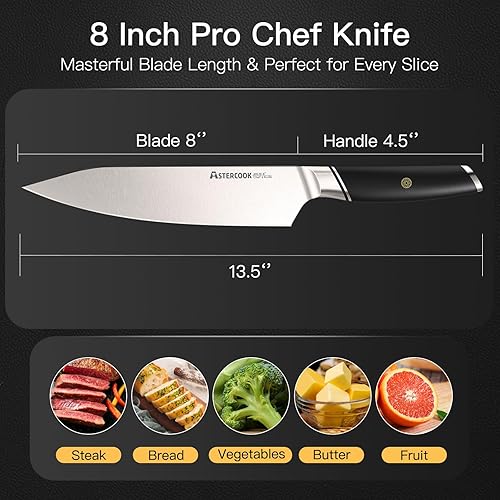 Miniatura 4 de Astercook Cuchillo de chef, cuchillo de cocina profesional de 8 pulgadas, mango de ABS, apto para lavavajillas, acero inoxidable alemán de alto