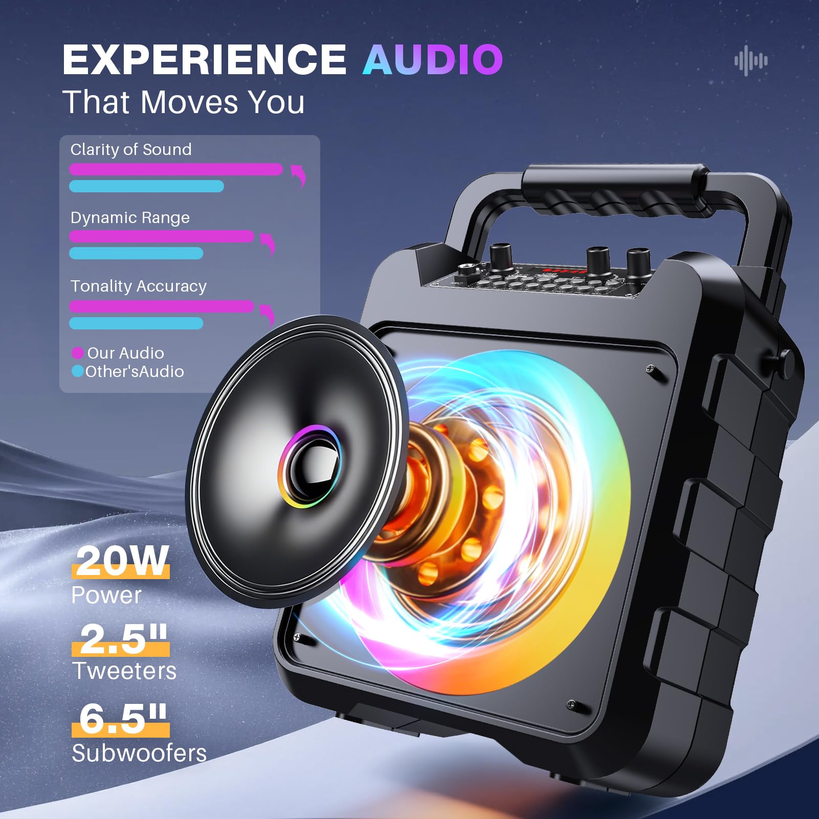 Dislocati Karaoke Maschine mit 2 Wireless Mikrofonen - 20W Tragbarer Party-Lautsprecher, LED-Lichtshow, TWS, AUX/USB, Bluetooth 5.3, 12h Laufzeit - Geschenk Für Erwachsene und Kinder