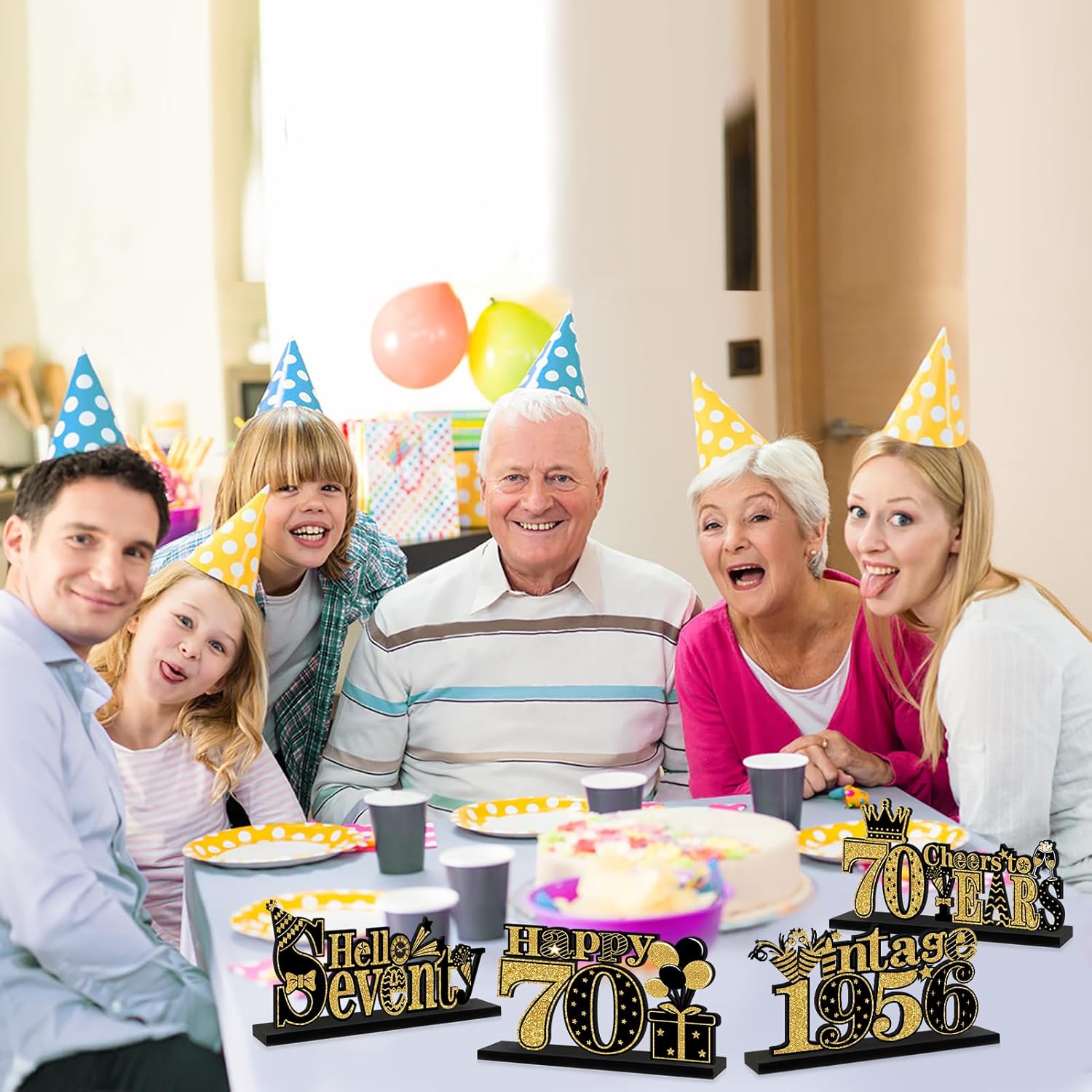 4 Pieces 70th Birthday Decorations Wooden Vintage 1956 Table Party Supplies, Black Gold Cheers to 70 Years Table Centerpieces Sign, Happy 70th Anniversary Bday Hello Seventy Table Decor - Image 5