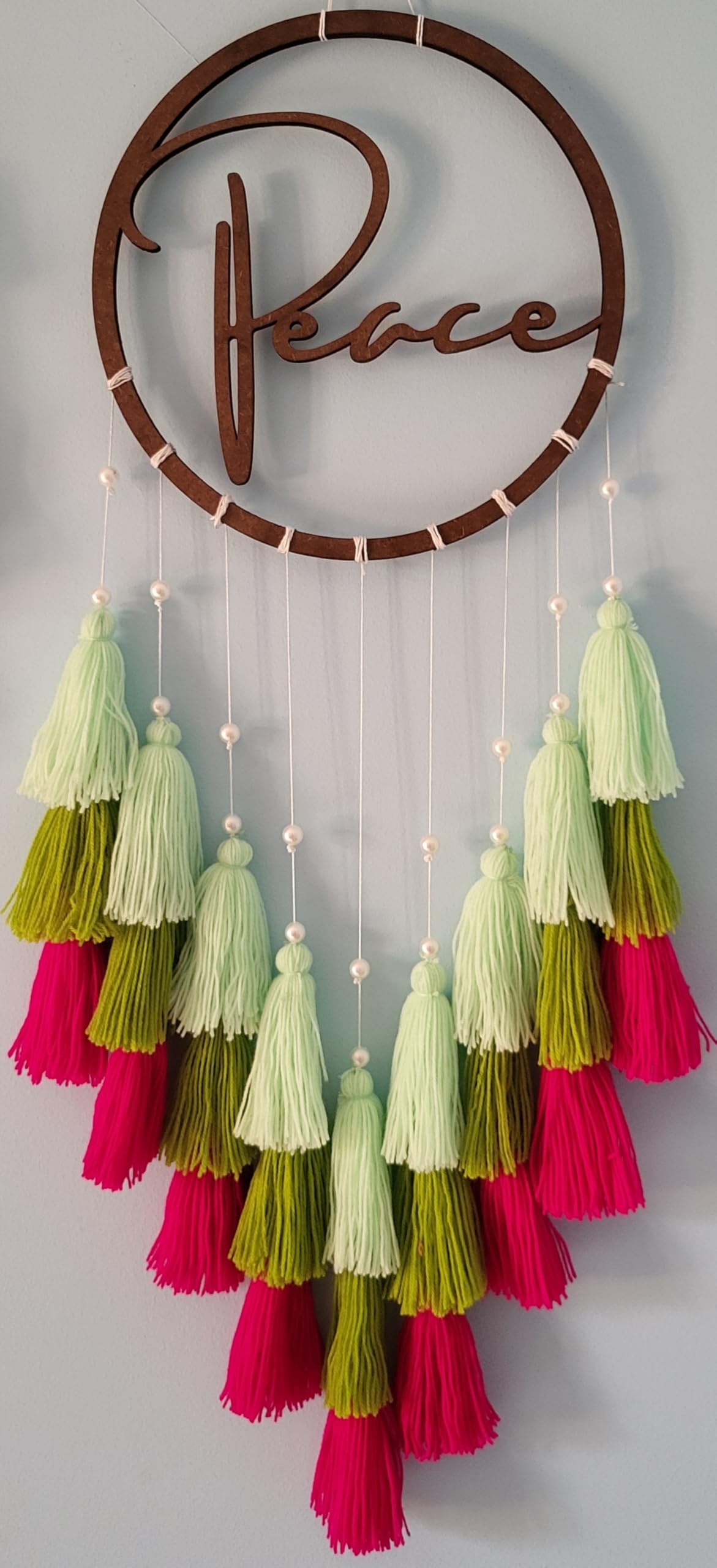 Samanth Creations Wall Hanging Dream Catcher for Home | Modern Home Decoration Gift for Wall, Handcrafted Peace Design with Pista, Lime Green and Dark Pink Yarn Tassels with White Pearl Beads-image-23