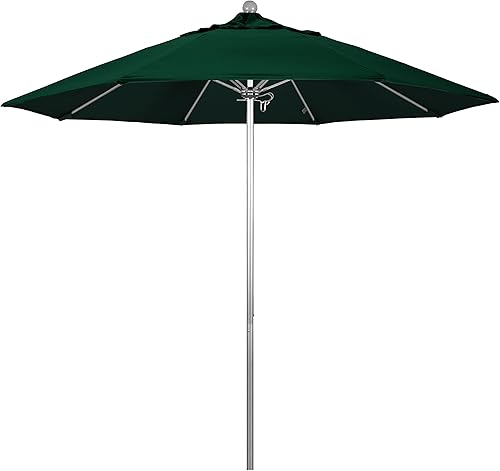 Miniatura 2 de California Umbrella Paraguas redondo de aluminiofibra de vidrio de 9 pies, empuje abierto, poste plateado, verde cazador de olefina