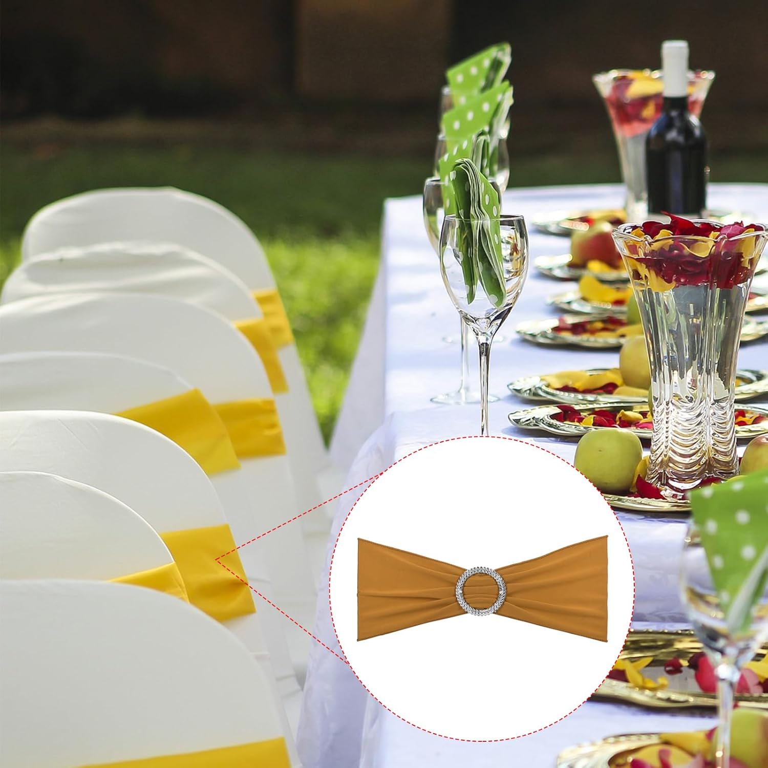 PATIKIL 13" x 5" Stretch Chair Sashes Bows, 10 Pack Elastic Chair Bands Sashes with Buckle Slider for Wedding Banquet Decorations, Gold Tone