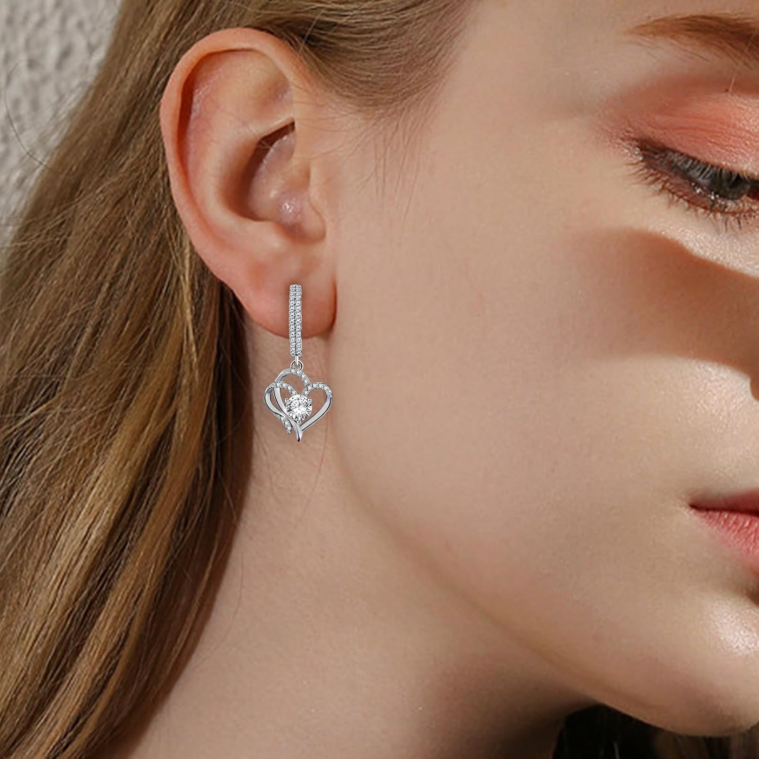 Sterling Silver Heart Earrings - Sparkling Cubic Zirconia Hypoallergenic Love Heart Dangle Hoop Earrings Elegant Gifts for Her Mom Wife - Image 4