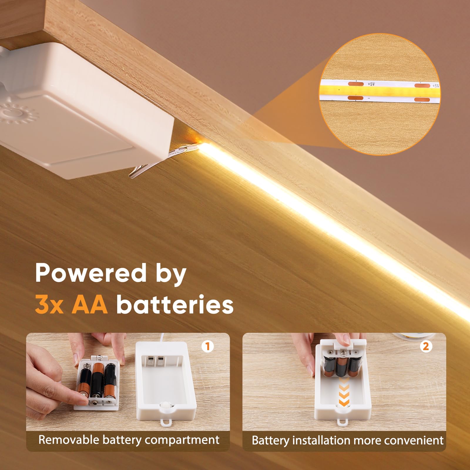 OMIKA 3 Pack COB LED Strip Lights, 3.3ft 320 LEDs Battery LED Strip Lights, Flexible Cuttable Click Light for Cabinet, Bedroom, Desk, Kitchen, Bedroom, 2700K Warm White