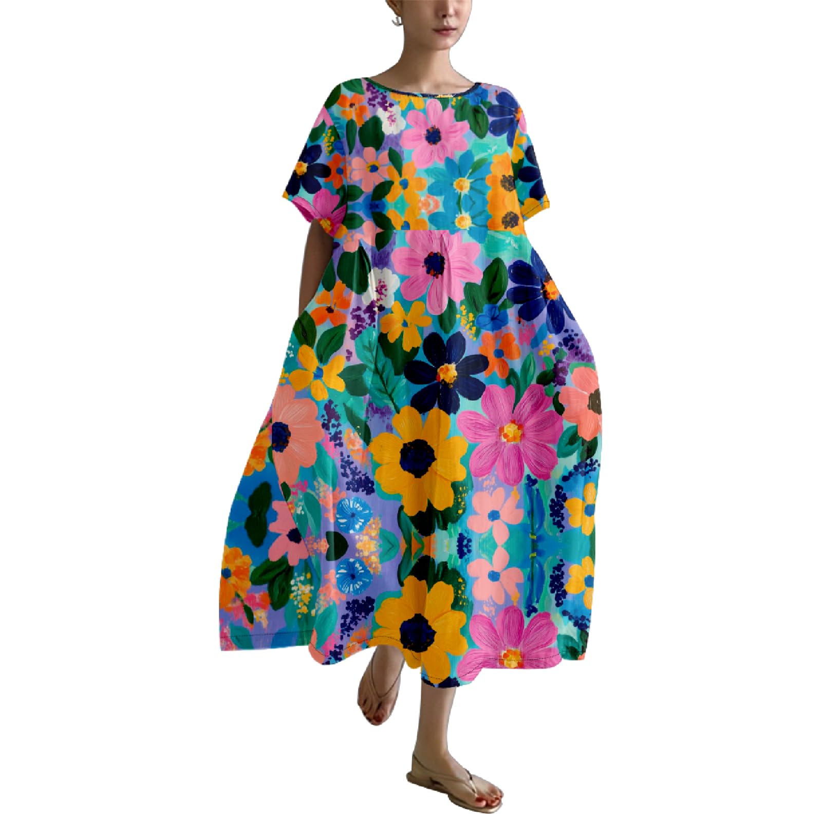 Floral Boho Dress for Women Ruffle Midi Dress Short Sleeve Crew Neck Maternity Dresses Loose Summer Dresses with