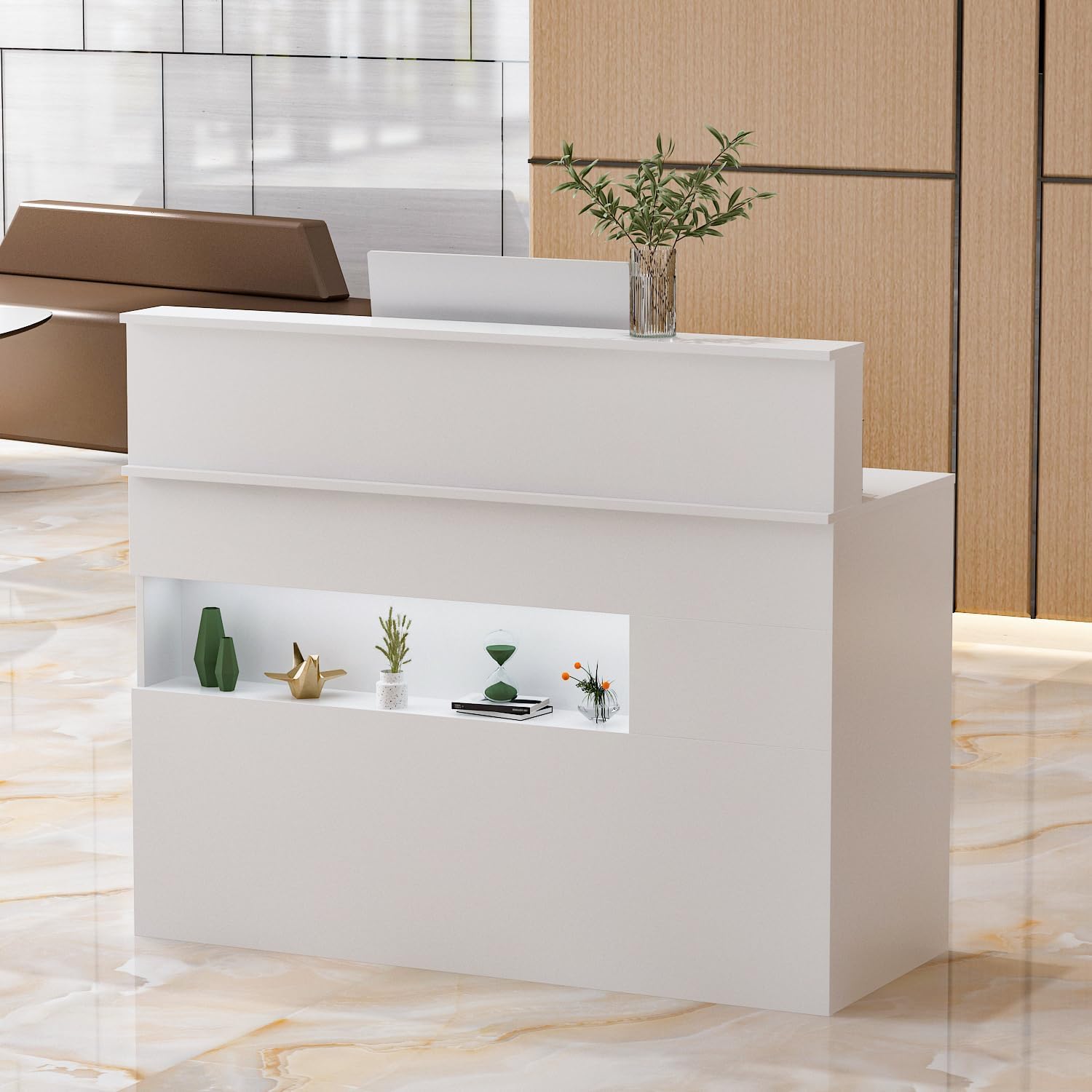Empfangstheke,Begrüßungstheke mit LED-Lichtern,Rezeptionstheke mit 2 Schubladen,Empfangstisch mit Tür+Tastaturschublade,abschließbar,für Cafe,Tierkliniken,Restaurant,120x50x100cm,weiß