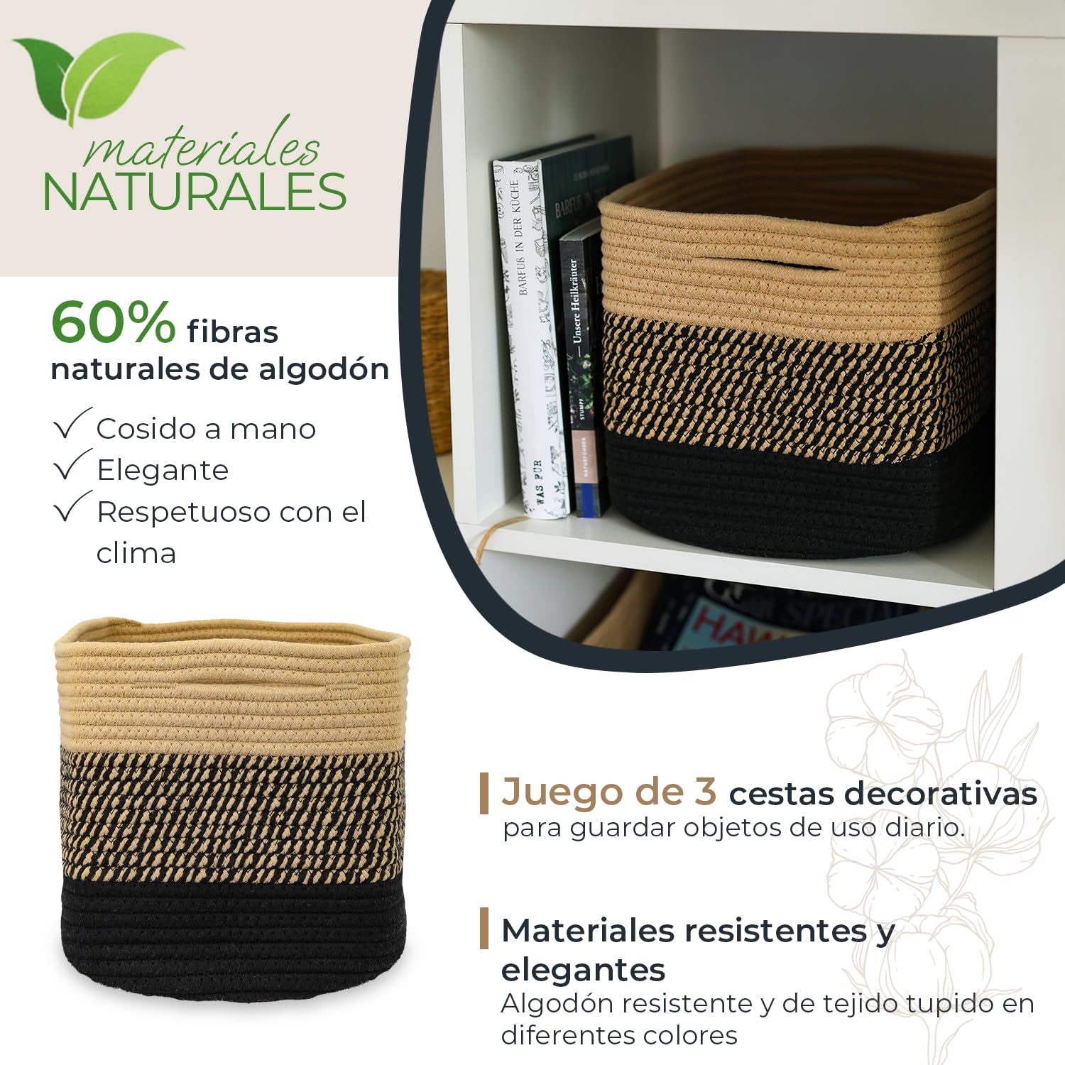 HMF Juego de 3 cestas de almacenamiento con asas ocultas, cesta de algodón, 37,5 x 25 x 22,5 cm, color negro y miel