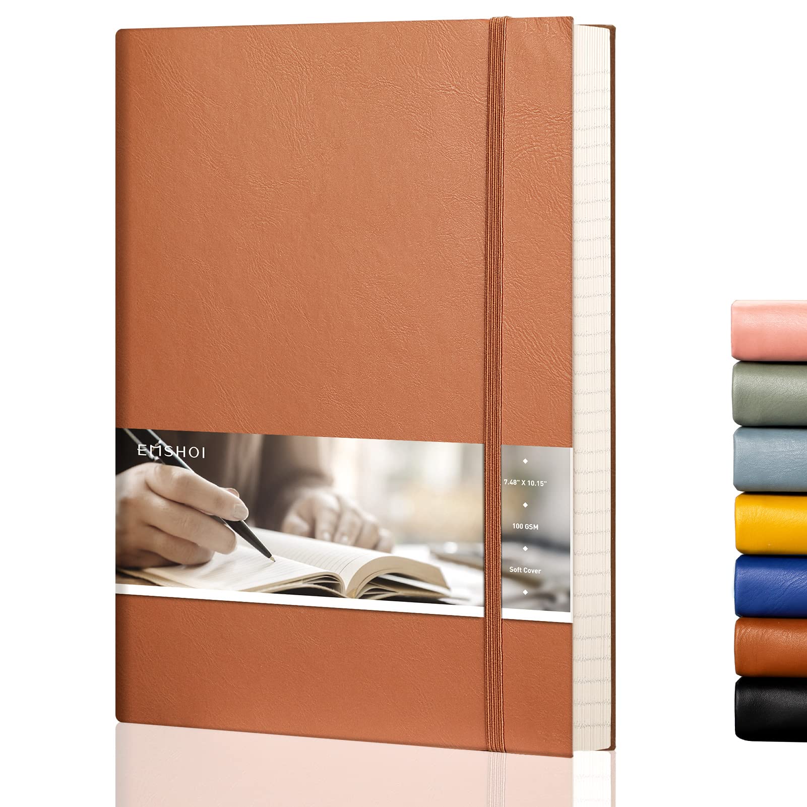 EMSHOIB5 Notebook Lined Notepad - 19 x 25 cm Large Leather Journal with Sticky Notes, 204 Numbered Pages, 100gsm Lined Paper, Back Pocket, Softcover, Brown